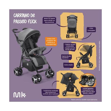 Imagem de Carrinho de Passeio P/ Bebê Flick Até 15kgs Cinza Multikids 