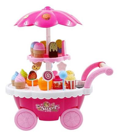 Imagem de Carrinho de Sorvete Sorveteria Infantil Brinquedo com Luz Som Acessórios Divertido Cupcake