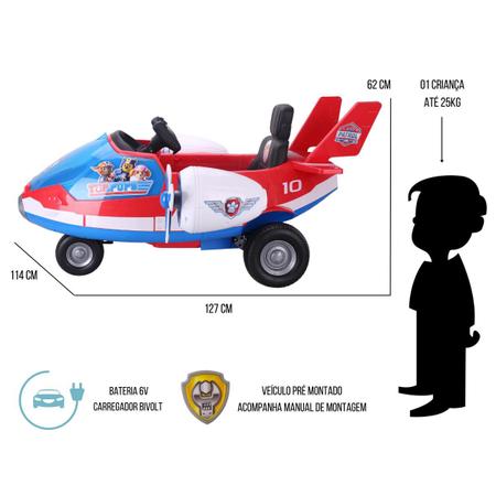 Imagem de Carrinho elétrico infantil Patrulha Canina Avião motorizado 12v carro de passeio c/controle remoto