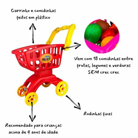 Imagem de Carrinho Mercado Vermelho Super Market Com 18 Itens Frutas Legumes Plástico Brinquedo Mercadinho Presente Braskit