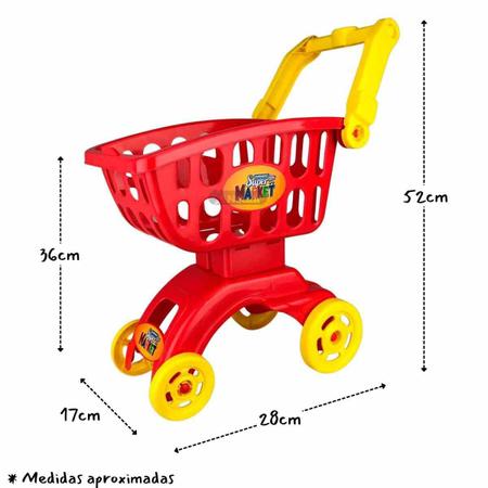 Imagem de Carrinho Mercado Vermelho Super Market Com 18 Itens Frutas Legumes Plástico Brinquedo Mercadinho Presente Braskit