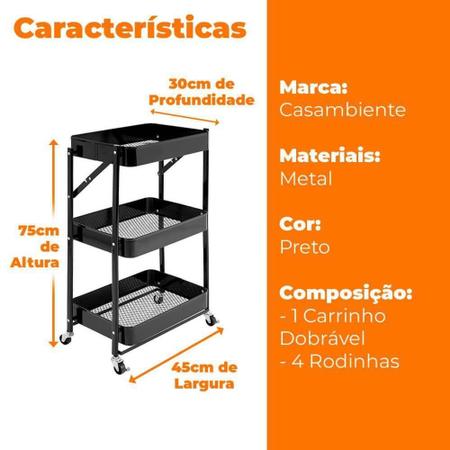 Imagem de Carrinho Organizador Multiuso Dobrável Rodinhas 3 - Casambiente