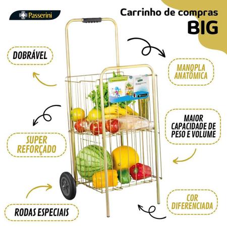 Imagem de Carrinho para Compras com Rodas Feira Supermercado Dobrável Aramado Passerini Dourado