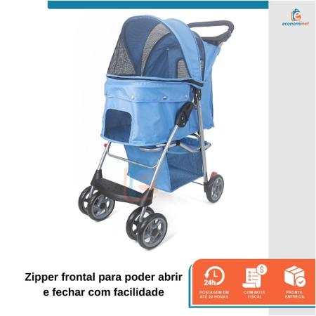 Imagem de Carrinho Passeio Pet Cão Gato Carregar Pequeno Porta Copo Transporte Cachorro Mochila Viagem Rodinhas Dobrável Ventilação Compacto com Cesto Azul