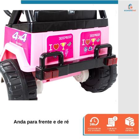 Imagem de Carro Carrinho Elétrico Infantil Motorizado Criança Mini Jipe Bateria 12v Bivolt 2 Lugares Com Controle Remoto Mp3 Usb Rosa