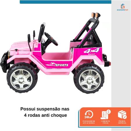 Imagem de Carro Carrinho Elétrico Infantil Motorizado Criança Mini Jipe Bateria 12v Bivolt 2 Lugares Com Controle Remoto Mp3 Usb Rosa