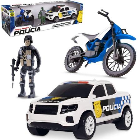 Imagem de Carro pick-up roda livre com boneco + moto policia forca tarefa na caixa - SAMBA TOYS