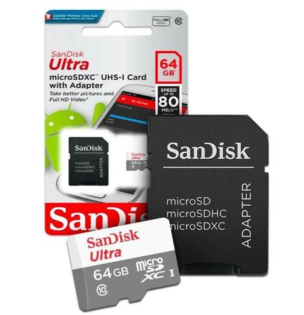 Imagem de Cartão Memória 64GB Micro SD Sandisk, Desempenho Excelente.