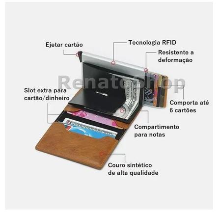 Imagem de Carteira Minimalista Antifurto Automática Pop Up Com Porta Cartões Anti RFID - COURO