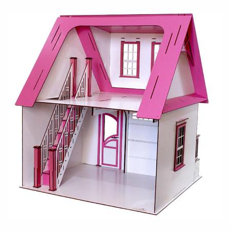 Casa Casinha Da Barbie + Garagem em Mdf Rosa e Branco Com 22