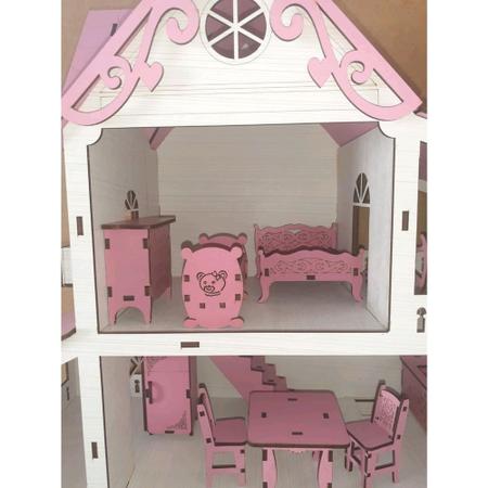 Casa Casinha de Boneca Rosa Branco Mdf + Mini Móveis Montados em