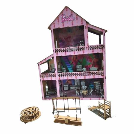 Casa De Boneca Barbie Completa Adesivada Mdf Móveis E Parque