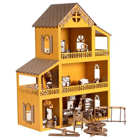 Imagem de Casa Casinha De Boneca Amarela Mdf 36 Móveis Parquinho Montada