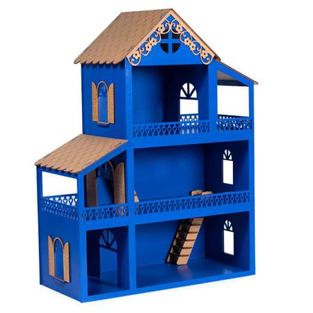 Imagem de Casa Casinha De Boneca Azul Mdf 36 Móveis Parquinho Montada