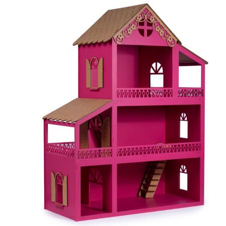 Casa Casinha de Boneca Rosa Branco Mdf + Mini Móveis Montados em