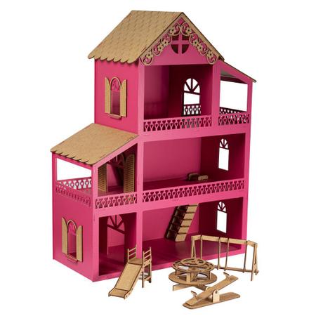 Casa Boneca Grande + 30 Mini Moveis + Parquinho Em Promoção