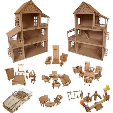 Casinha De Boneca Grande 60cm De Madeira + Kit Mini Moveis 36 pçs