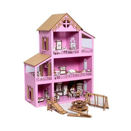 Casinha Boneca Mdf Cores + Kit 19 Mini Móveis Com Parquinhos