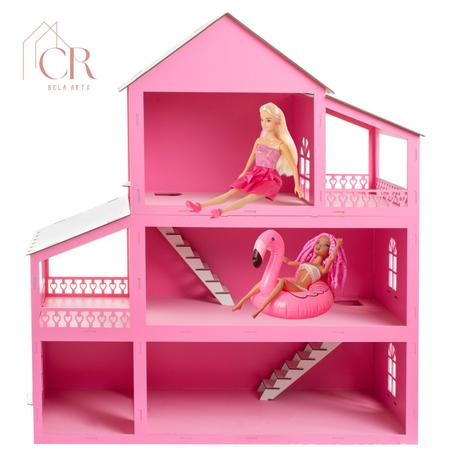 Imagem de Casa Casinha Infantil Rosa Pink Meninas Bonecas Madeira Com Móveis
