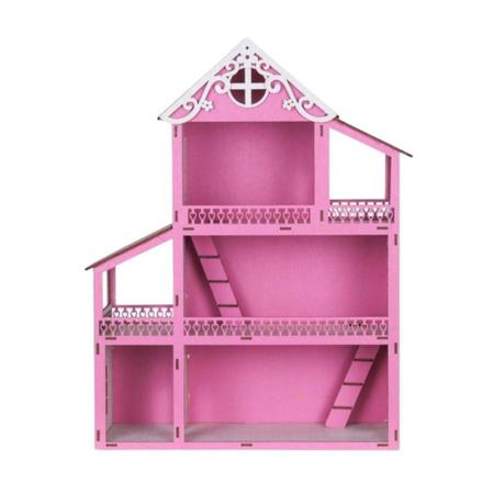 Casa Casinha Para Bonecas Barbie Polly Madeira Mdf Rosa e Branco