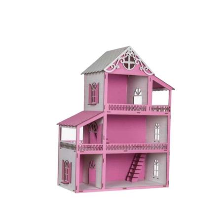 Casa Casinha Para Bonecas Barbie Polly Madeira Mdf Rosa e Branco