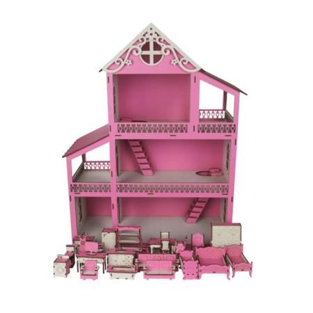 Casa Casinha Para Bonecas Barbie Polly Madeira Mdf Rosa e Branco