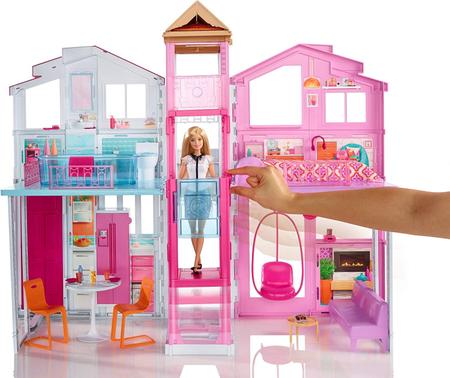 Imagem de Casa da Barbie de 3 andares com guarda-sol pop-up, multicolorida Exclusiva da Amazon