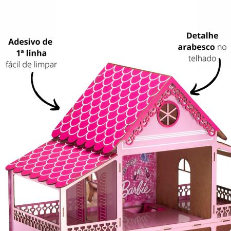 Imagem de Casa De Bonecas Rosa 80cm + Kit Mini Móveis Adesivada