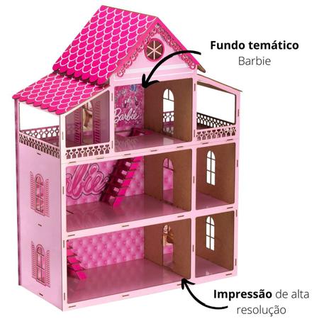Imagem de Casa De Bonecas Rosa 80cm + Kit Mini Móveis Adesivada