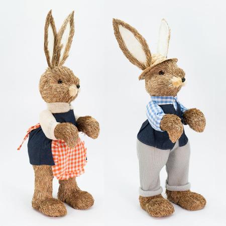 Imagem de Casal de Coelhos Páscoa Palha Coelhinhos Camponês Decoração 58cm