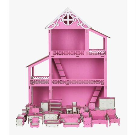 Kit Casinha Casa De Boneca + 30 Moveis Em Mdf Pintado