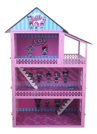 Casinha de Boneca Barbie Mdf Pintada Adesivada 53cm + 38 móveis brancos