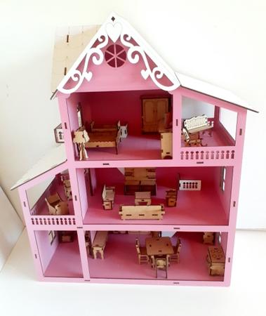 Casinha Casa de Boneca Barbie Polly Pintada 25 Móveis Madeira Mdf