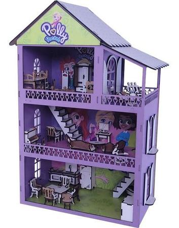 Casinha de Boneca Barbie Mdf Pintada Adesivada 53cm + 38 móveis brancos