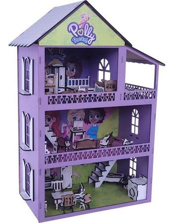 Casinha de Boneca Barbie Mdf Pintada Adesivada 53cm + 38 móveis brancos