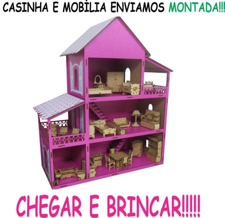 Imagem de Casinha de Boneca Rosa Adesivada com 30 Móveis Mdf
