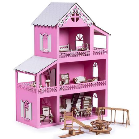 Casa Casinha De Boneca Barbie 35 Moveis + Parquinho Mdf Novo