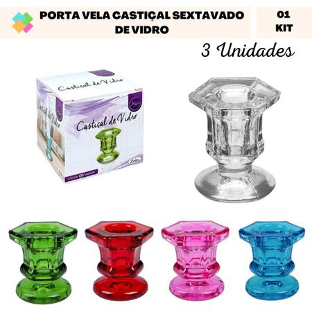 Castiçal de Vidro Sextavado (3 Und) - YA Decor Imagem de Castiçal de Vidro Sextavado (3 Und)