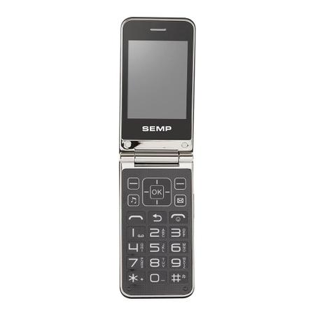 Imagem de Celular Flip SEMP GO! 1m, Cinza Escuro, Câmera 1.3 MP, Bluetooth, Teclas grandes, Botões anatômicos e 32Mb