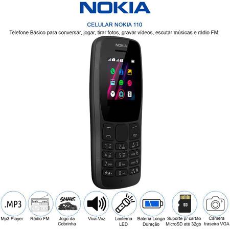 Celular Nokia 110 Dual Sim Preto, Rádio Fm, Leitor Mp3, Fone