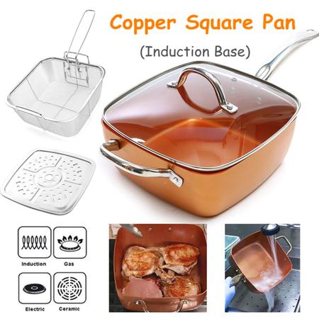 Imagem de Cerâmica antiaderente panela de cobre quadrado indução chef tampa de vidro fritar cesta rack de vapor 4 peças conjunto 9
