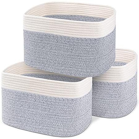 Imagem de Cesta de corda de algodão para armazenamento de  15"x10"x9" Conjunto de 3 cestas de armazenamento médio cinza & branco para organizar com alças funciona como Cestas de Pano, Cesta de Cobertores, Cesta de Roupa Grande Tecida ou Caixa de Brinquedos como