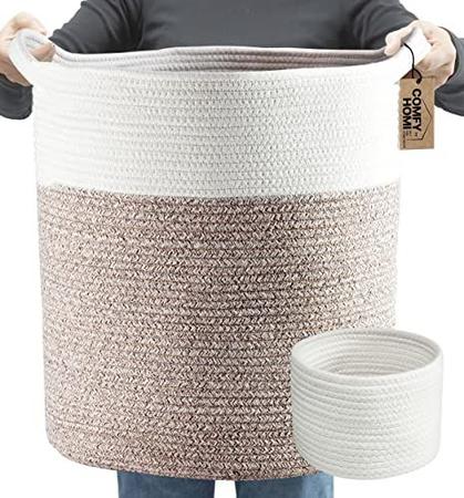 Imagem de Cesta de Roupa 2pc por COMFY-HOMI Grande Cesta Grande 18"X16" Cesta de corda de algodão tecido alto com cesta decorativa de alças para cobertores cesta de armazenamento redonda para sala de estar, roupas, travesseiros, toalhas (marrom branco)