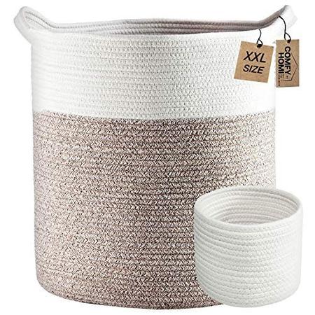 Imagem de Cesta de Roupa 2pc por COMFY-HOMI Grande Cesta Grande 18"X16" Cesta de corda de algodão tecido alto com cesta decorativa de alças para cobertores cesta de armazenamento redonda para sala de estar, roupas, travesseiros, toalhas (marrom branco)