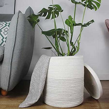 Imagem de Cesta de Tecido dos Sonhos da Yimi com Tampa, Cestas de Armazenamento de Corda Decorativas para Organização, Cestas médias para Bebê, Crianças, Brinquedos, Cobertor, Cestas Tecidas para Armazenamento (Branco & Blacksuture, 12D x 13,5H polegada)