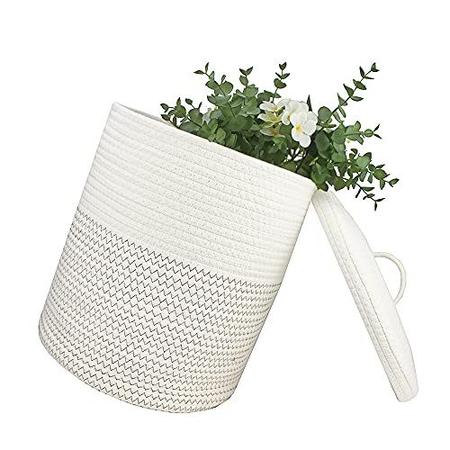 Imagem de Cesta de Tecido dos Sonhos da Yimi com Tampa, Cestas de Armazenamento de Corda Decorativas para Organização, Cestas médias para Bebê, Crianças, Brinquedos, Cobertor, Cestas Tecidas para Armazenamento (Branco & Blacksuture, 12D x 13,5H polegada)