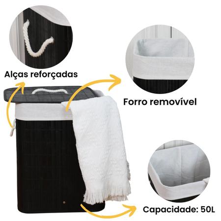 Imagem de Cesto de roupa suja de bambu com tampa e alças 50 litros organizador lavanderia brinquedos