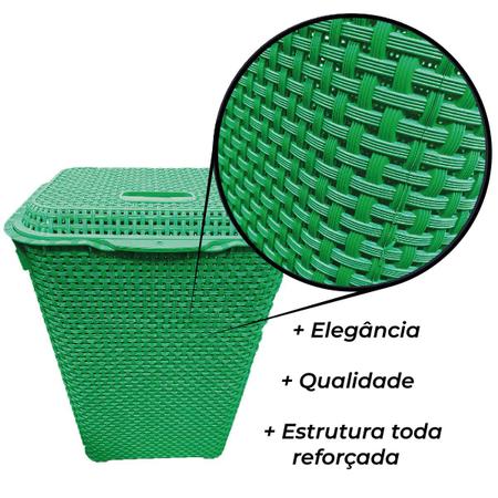 Imagem de Cesto De Roupa Suja Grande Rattan Telado Organizador Resistente Lavanderia 72 Litros Verde