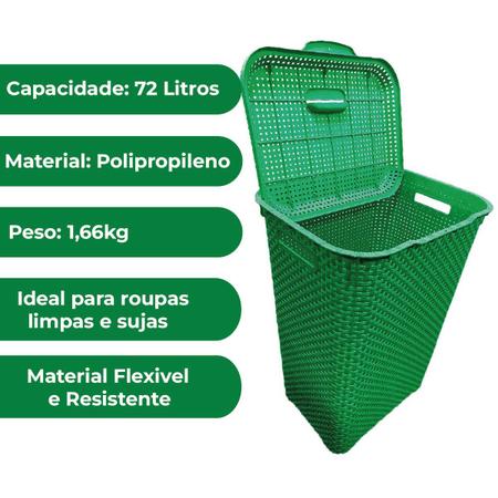 Imagem de Cesto De Roupa Suja Grande Rattan Telado Organizador Resistente Lavanderia 72 Litros Verde