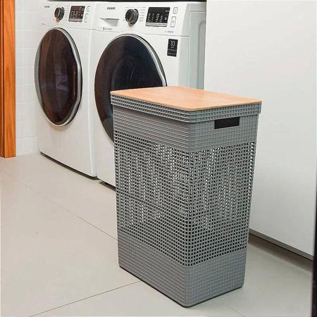 Cesto de Roupas Grid com Tampa de Bambu 49 litros Preto Imagem de Cesto de Roupas Grid com Tampa de Bambu 49 litros Preto